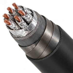 Cross-section of thermocouple cable showing conductor pairs, individual shielding, lead sheath and steel tape armor