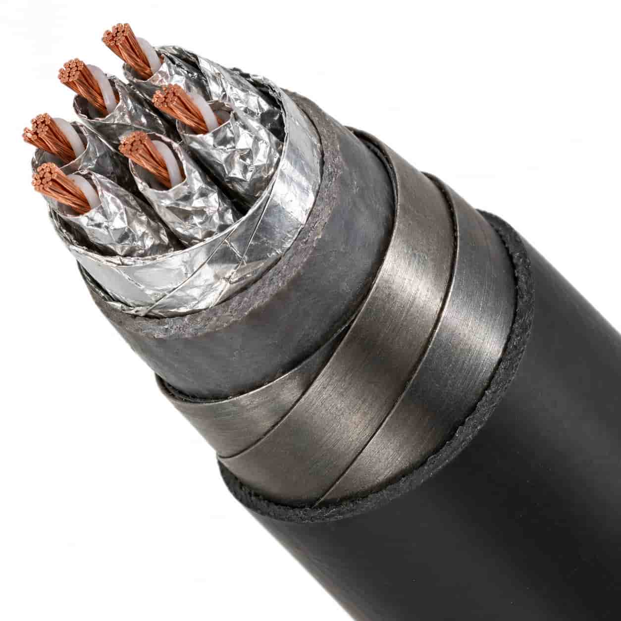 Cross-section of thermocouple cable showing conductor pairs, individual shielding, lead sheath and steel tape armor