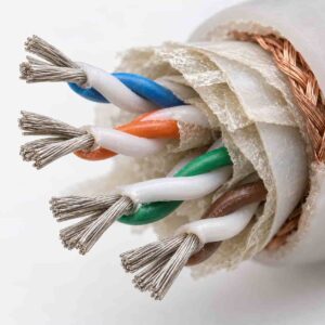 Close-up of tinned copper twisted pairs with mica tape insulation on fire-resistant data cable