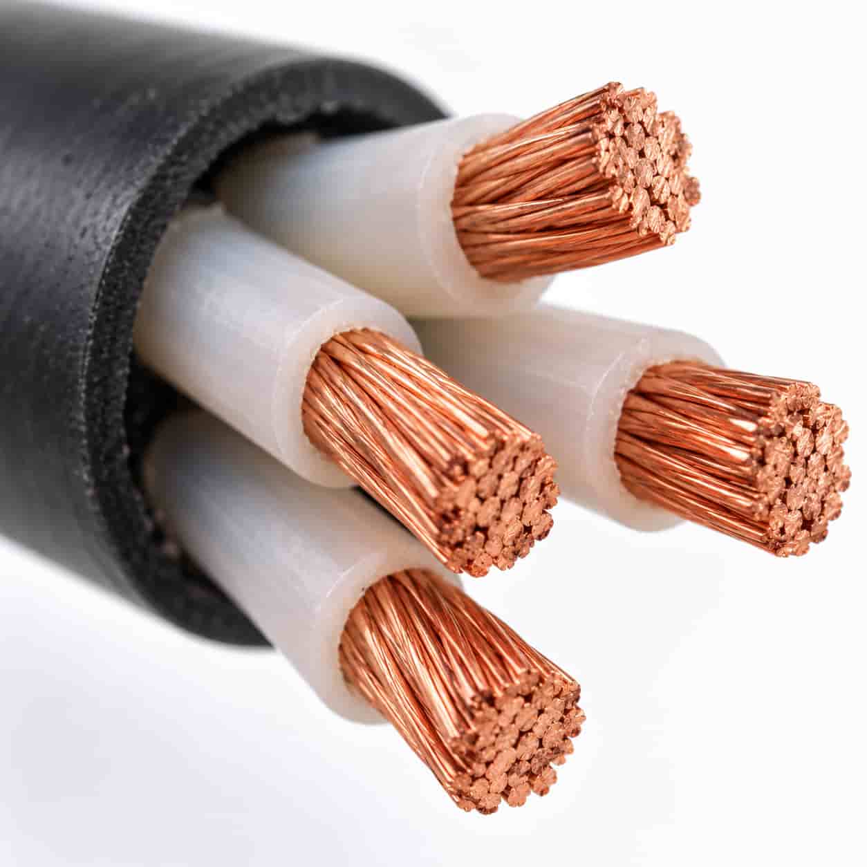 Close-up of bare copper conductors and XLPE insulation on XHHW-2 petroleum cable