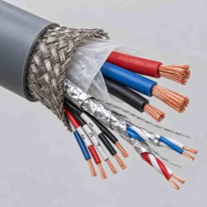 Stripped end of robot composite cable showing shielded pairs and color-coded cores