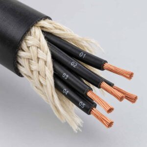 Stripped end of elevator composite cable showing black cores with white numbering