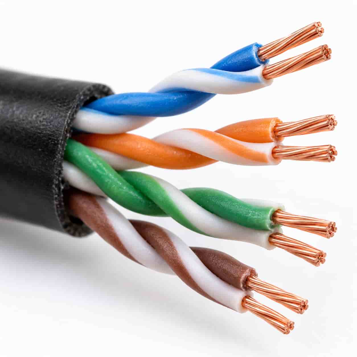 Close-up of twisted copper conductor pairs with silicone rubber insulation on fire-resistant CAT5 cable