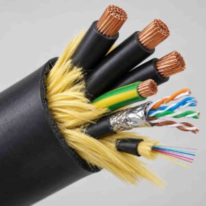 Stripped end of network composite reel cable showing power cores, network core and reinforcement fiber