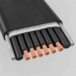 Stripped end of flat festoon cable showing multiple insulated cores in staggered arrangement