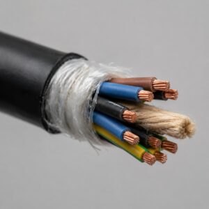 Stripped end of elevator control cable showing central hemp cord and steel support wire