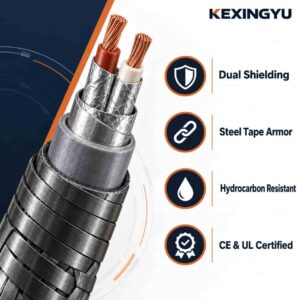 Feature highlights banner showing lead sheath, dual shielding and steel armor icons