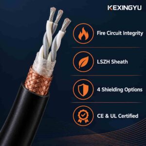 Feature highlights banner showing fire resistance, LSZH and shielding configuration icons