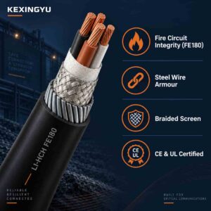 Feature highlights banner showing fire circuit integrity, mica tape insulation and LSZH icons