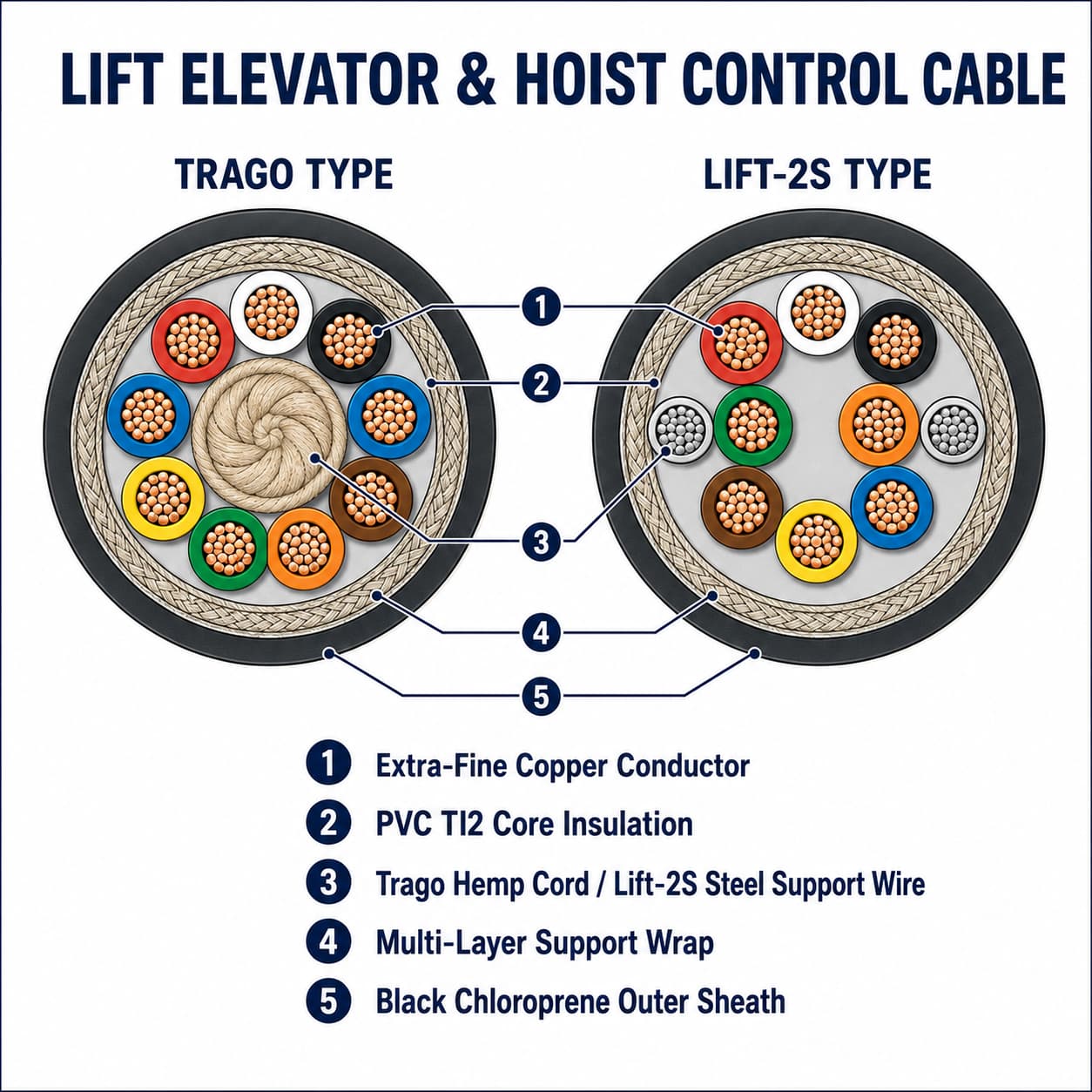 Numbered construction diagram of LIFT elevator control cable layers