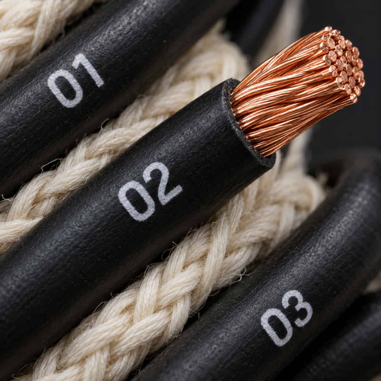 Close-up of black cable cores with continuous white numbering on elevator composite cable