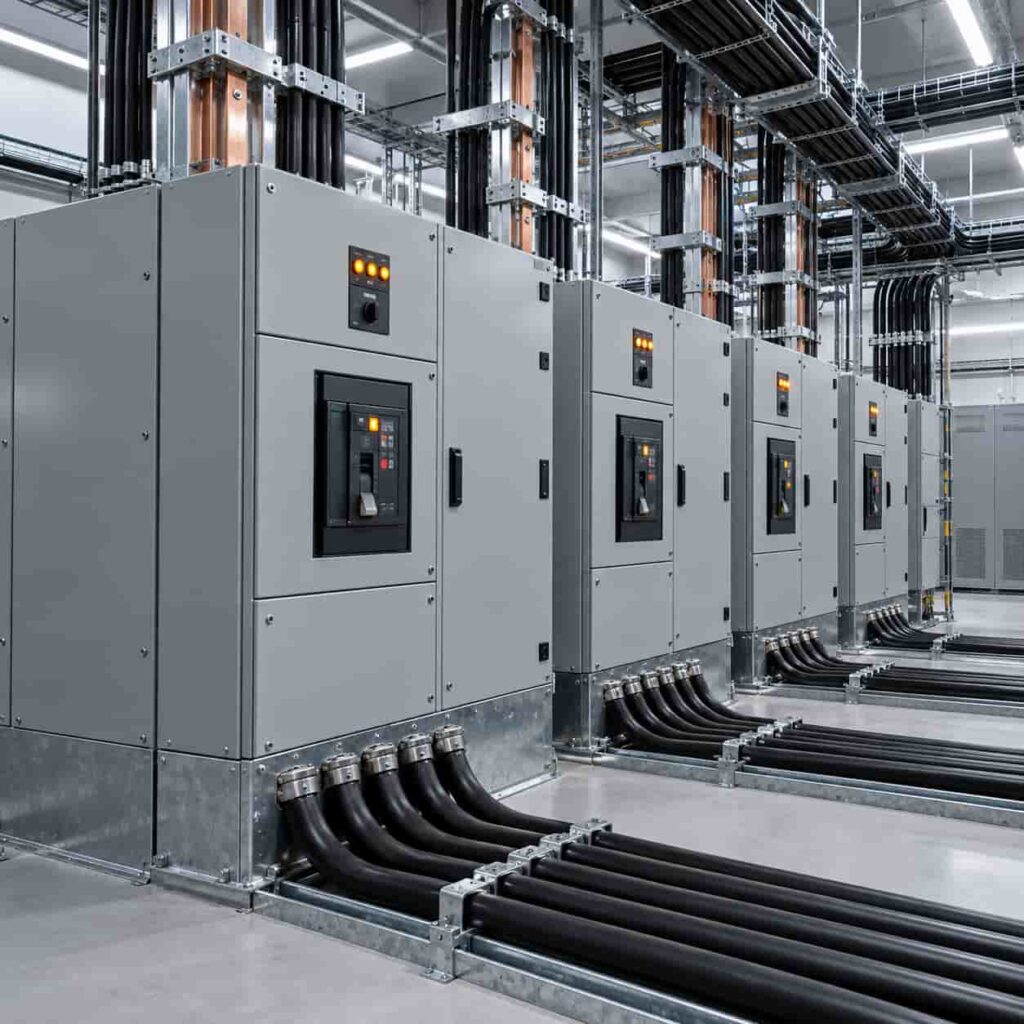 Low voltage distribution boards and thick feeder cables serving rows of server racks in a data center power room