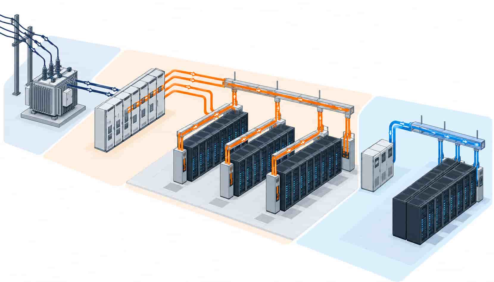 Isometric illustration of voltage levels from MV transformer through 415V LV bus to racks and HVDC rack bus
