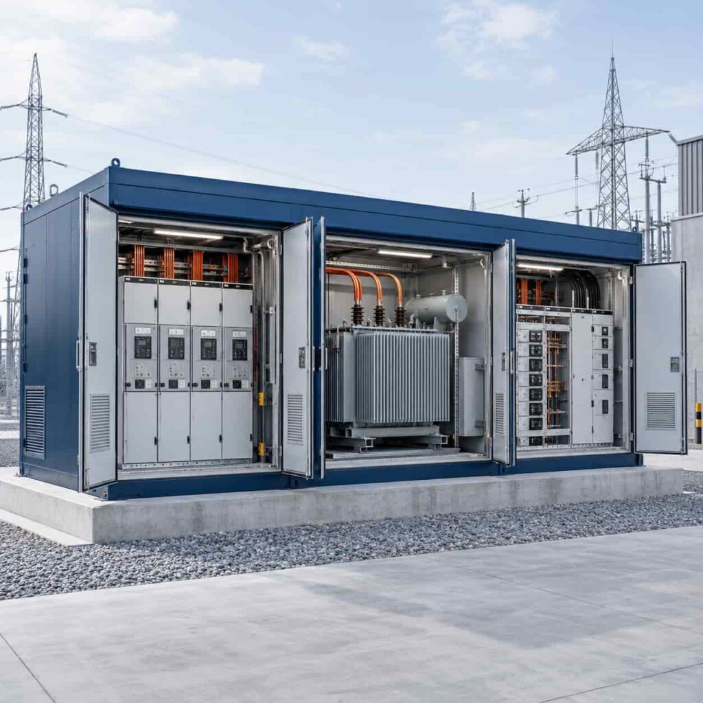Factory-built prefabricated substation with integrated medium-voltage switchgear transformer and low-voltage distribution equipment