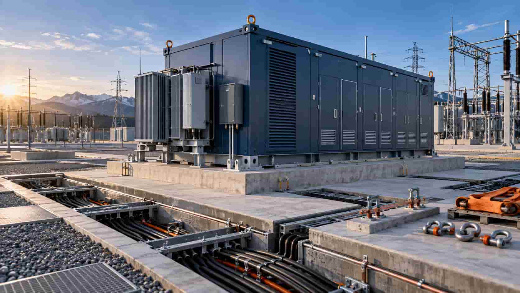 Prefabricated substation module being positioned on a prepared industrial site for faster electrical infrastructure deployment