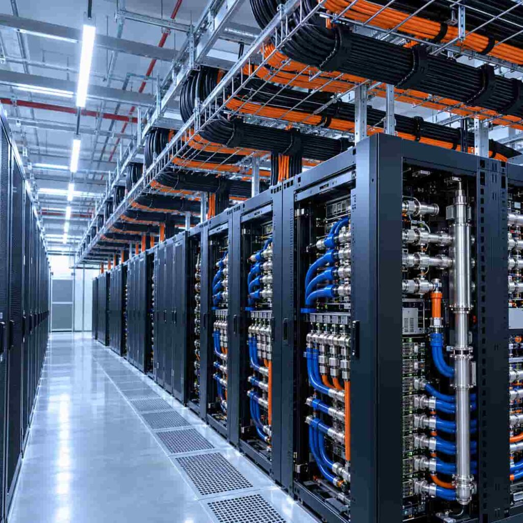 Dense bundles of power cables organized above server racks in a high density AI computing hall