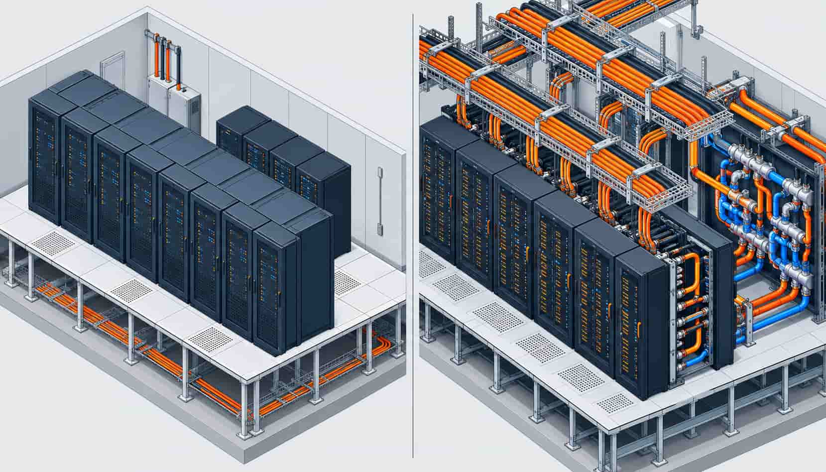 Isometric illustration comparing cable routing in a traditional data center and a liquid-cooled AI facility