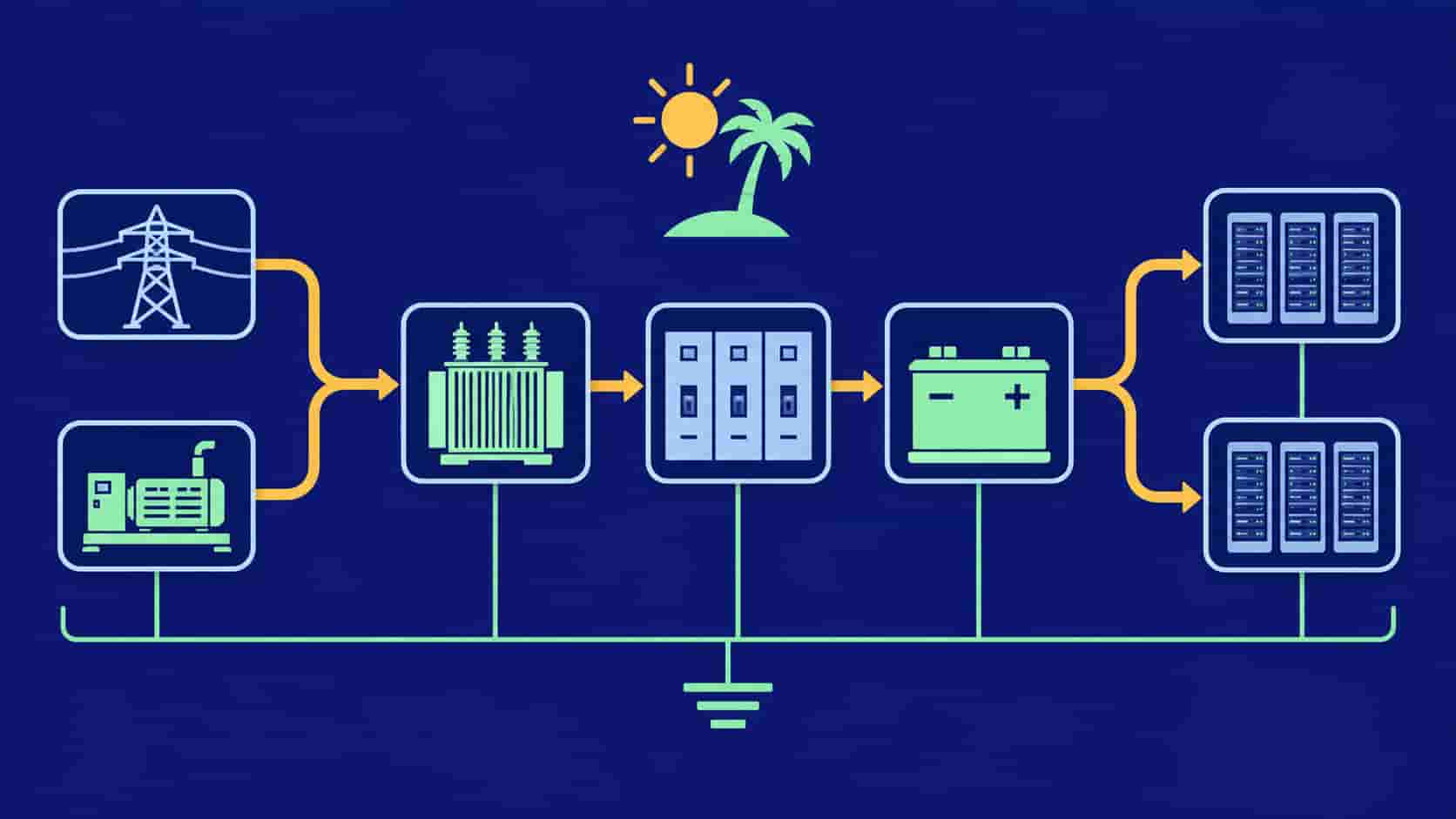 Flat infographic of a data center power chain from grid and generator through transformer and UPS to server halls