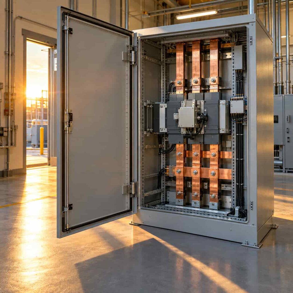 Automatic transfer switch cabinet installed in an industrial power room