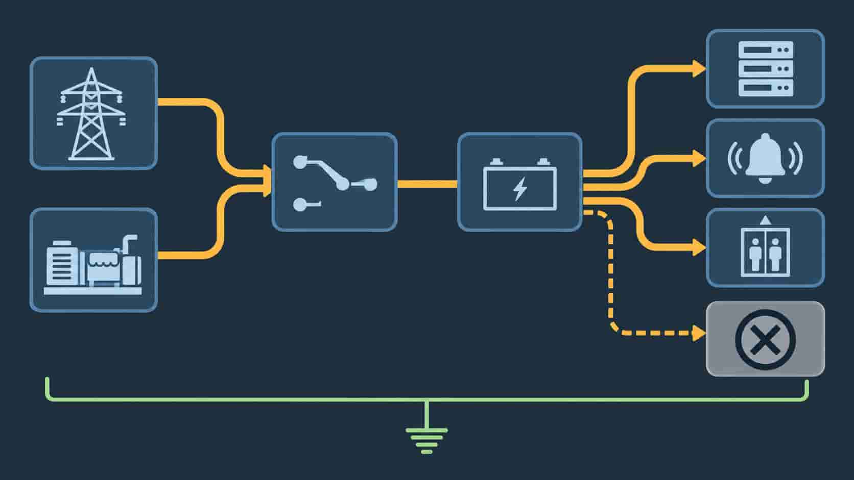 Flat infographic of a building backup power chain from utility and generator through ATS and UPS to critical loads