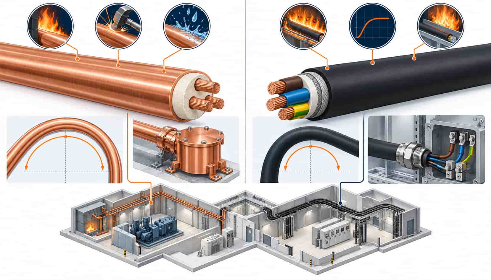 Isometric illustration comparing rigid BTTZ and flexible BBTRZ cable across fire rating, bending and installation axes