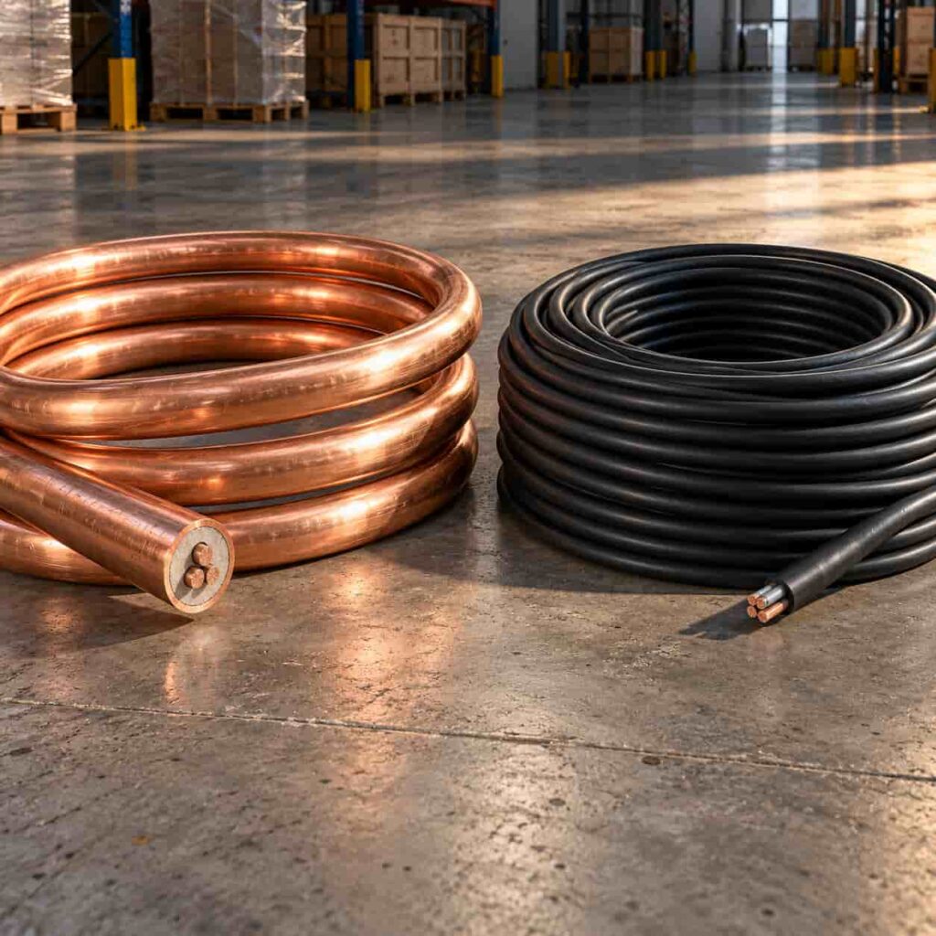 Rigid copper-sheathed mineral cable and flexible black fire-resistant cable coiled side by side on a warehouse floor