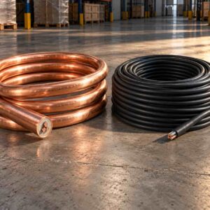 Rigid copper-sheathed mineral cable and flexible black fire-resistant cable coiled side by side on a warehouse floor