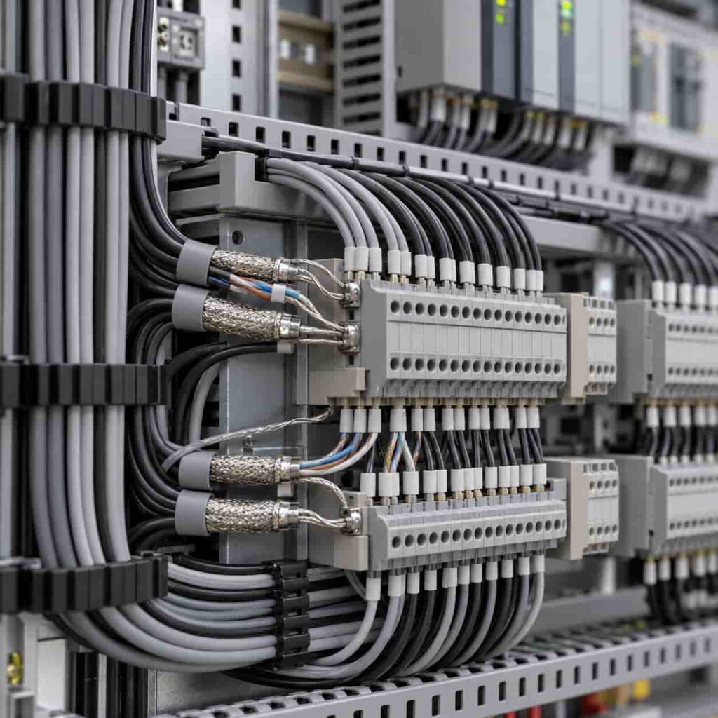 Bundles of multi-core control cable with shielded pairs terminated at a BMS panel in a data center