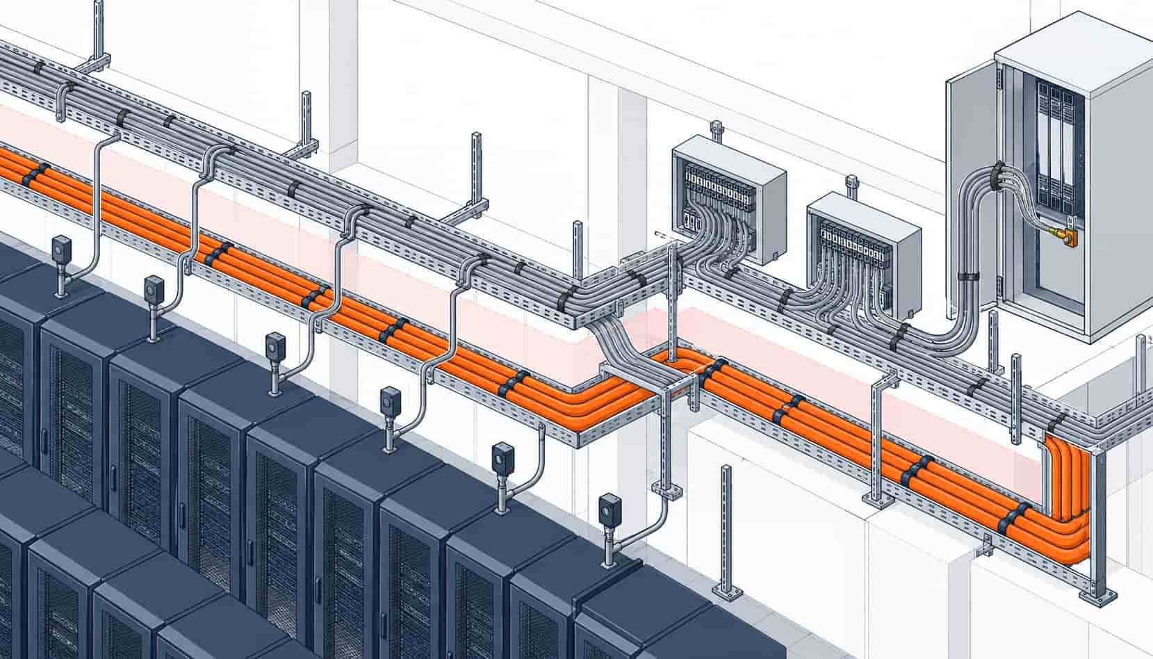 Isometric illustration of control cable routes from field devices to BMS panels kept separated from power trays
