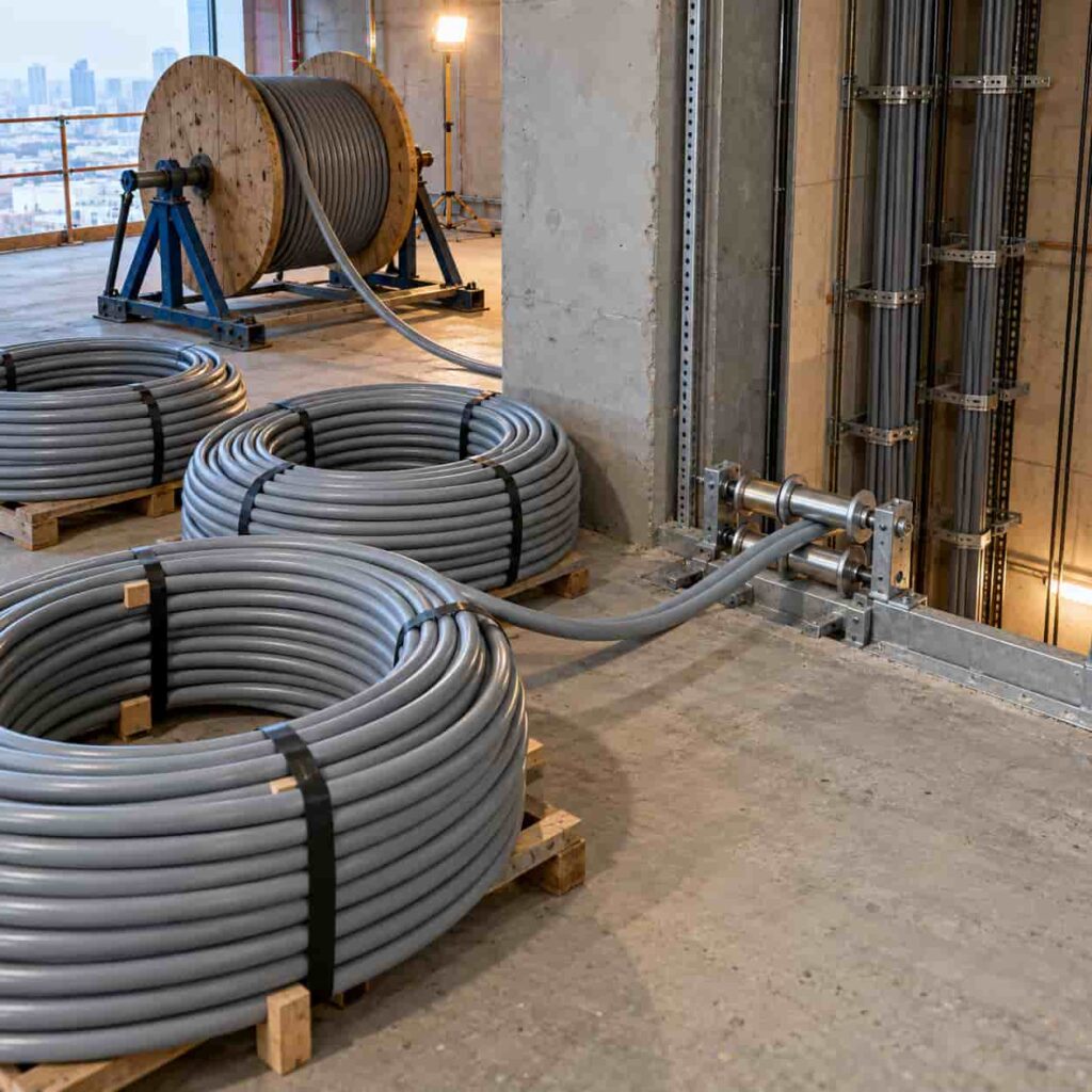 Coils of flexible fire-resistant BTLY cable with grey LSZH sheath staged beside a riser shaft during a high-rise installation