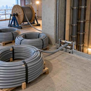 Coils of flexible fire-resistant BTLY cable with grey LSZH sheath staged beside a riser shaft during a high-rise installation