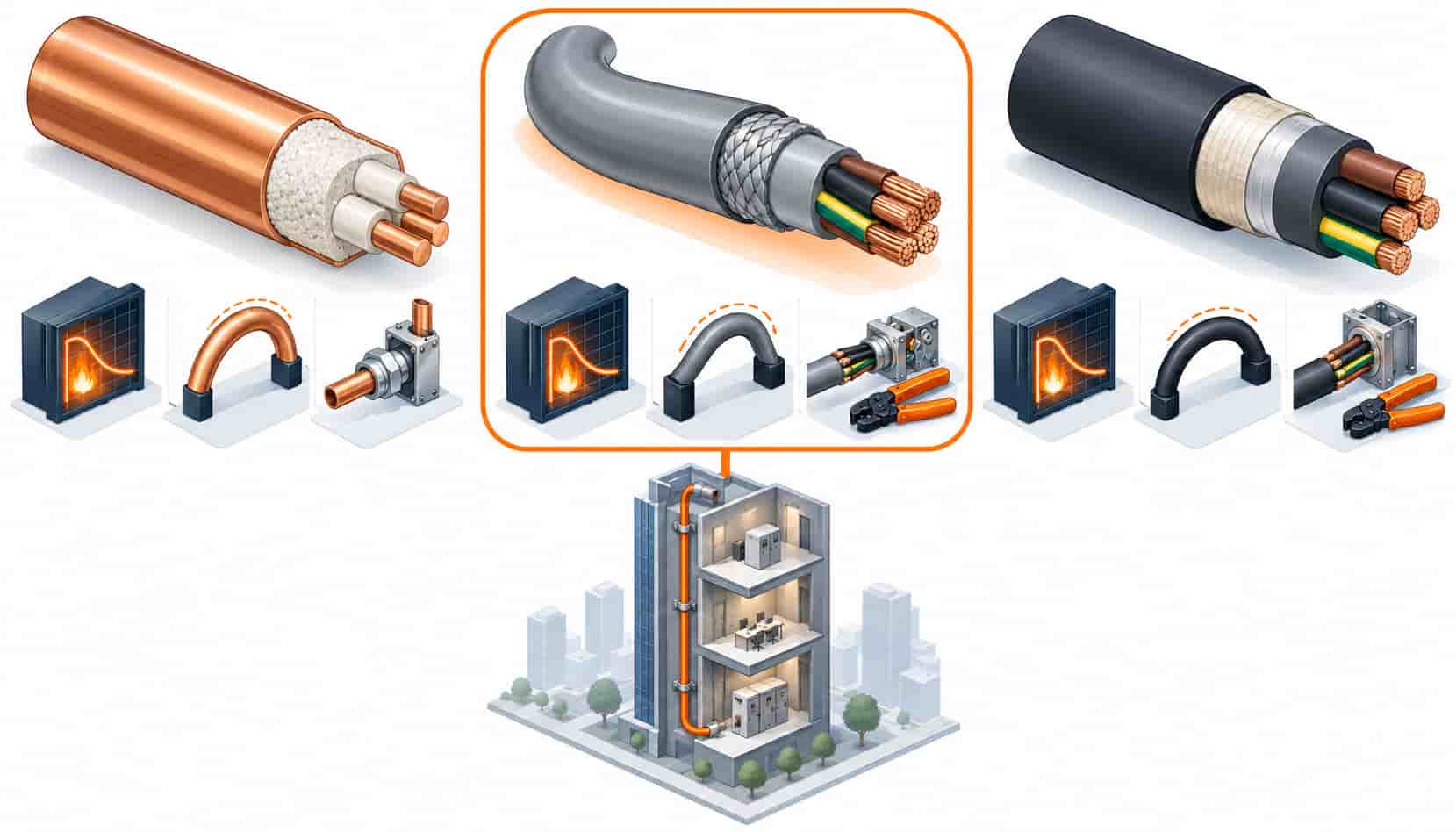 Isometric illustration positioning the BTLY flexible fire resistant family between rigid MI and mica tape constructions