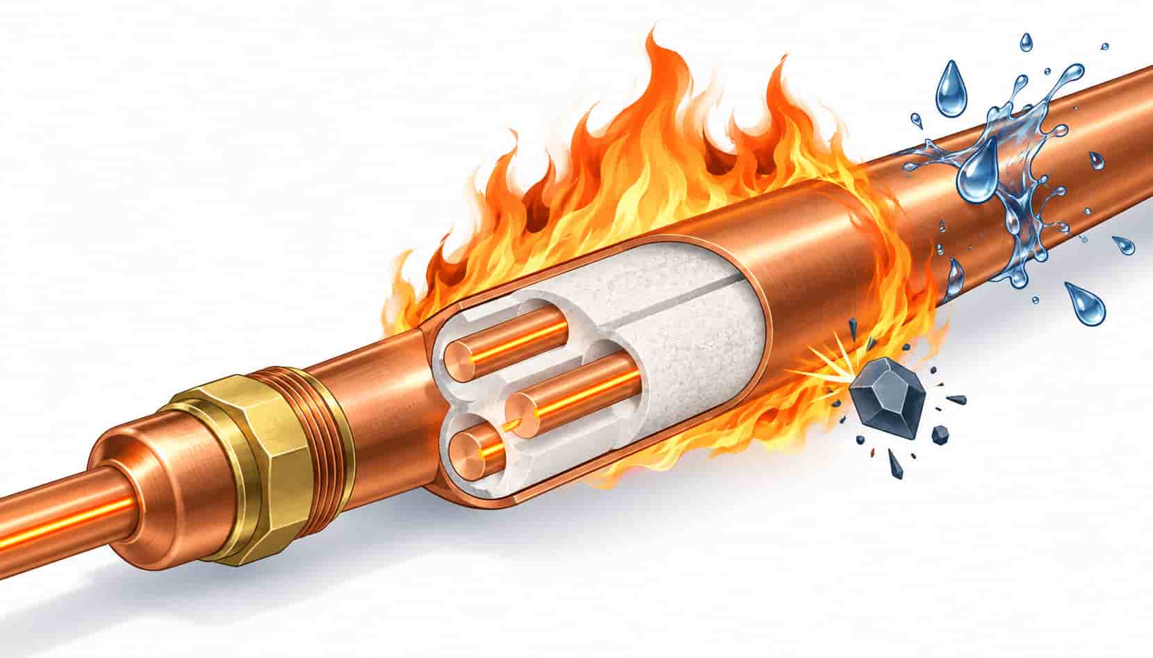 Isometric illustration of BTTZ mineral insulated cable anatomy with copper conductor, magnesium oxide insulation and copper sheath
