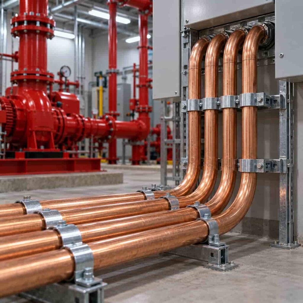 Copper sheathed mineral insulated fire rated cable runs serving a fire pump room in a data center