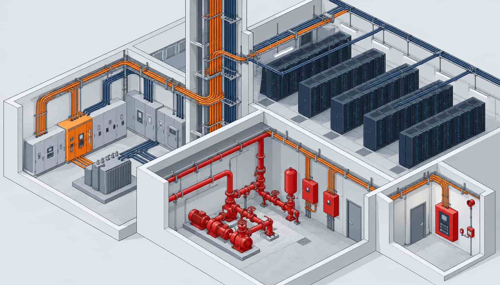 Isometric illustration of mineral insulated fire-rated cable circuits serving fire pumps and alarm panels in a data center