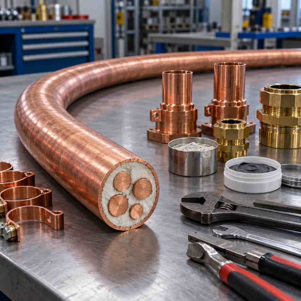 Rigid BTTZ mineral insulated cable with bare copper sheath being formed by hand beside termination pots on a preparation bench