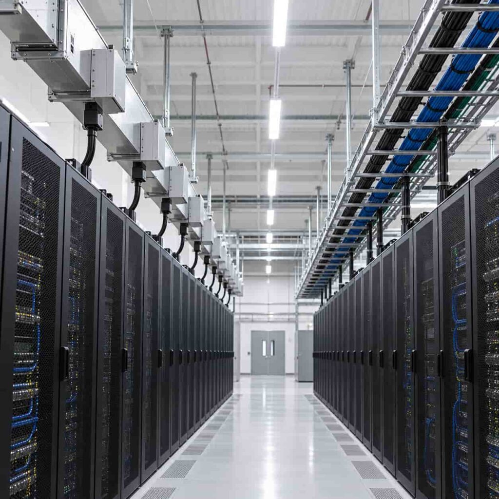 Overhead busway runs with tap-off boxes above server racks beside neat parallel power cable trays