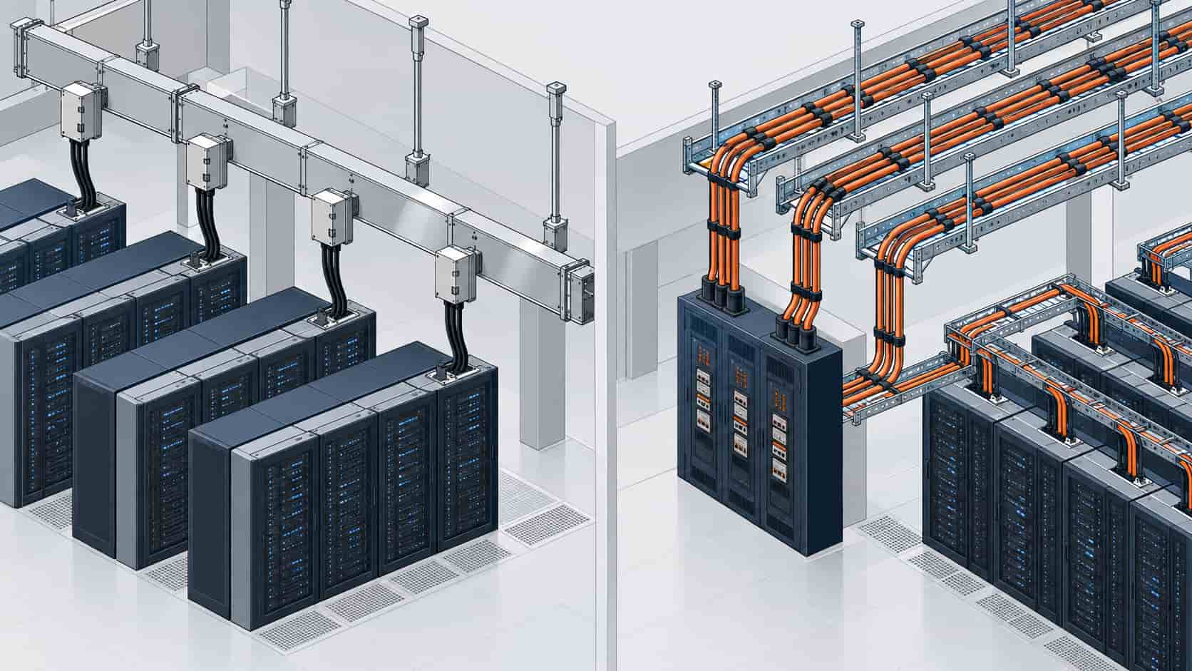 Flat infographic comparing busway risers with tap-off boxes and parallel power cable runs in a data center