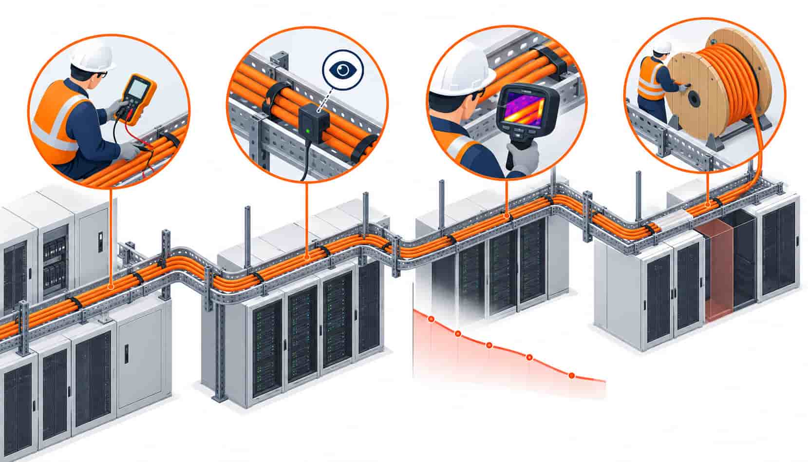Isometric illustration of the cable lifecycle from commissioning through condition monitoring to planned replacement