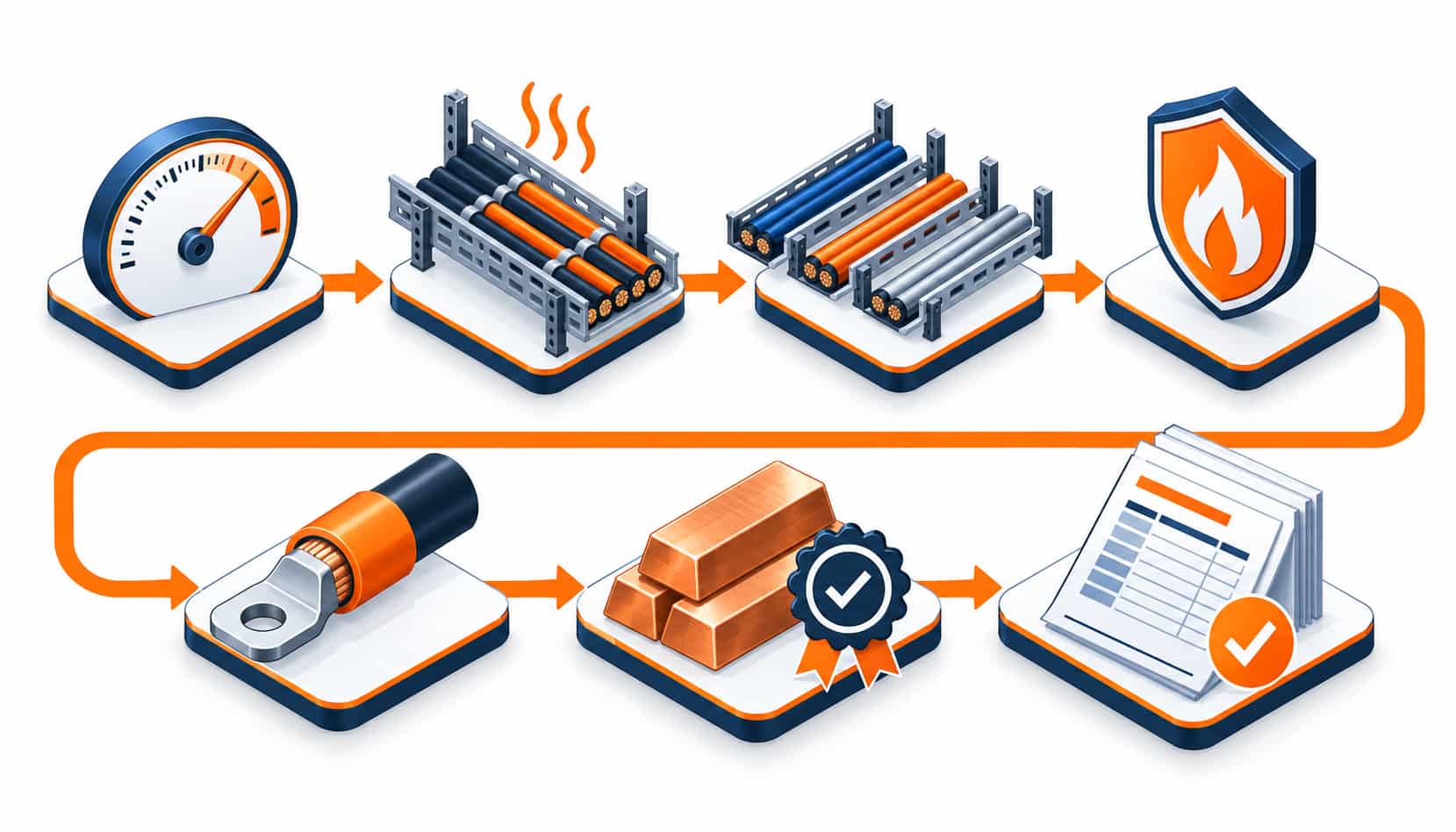 Isometric illustration of seven cable specification checkpoints from load basis and derating to documentation