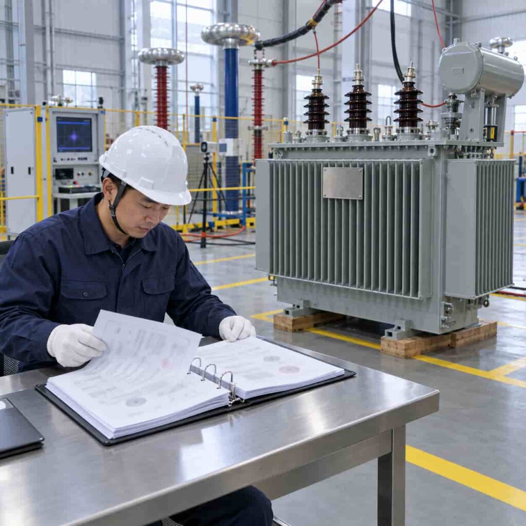 Inspector reviewing certification documents beside transformers in a Chinese factory test area