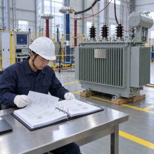 Inspector reviewing certification documents beside transformers in a Chinese factory test area