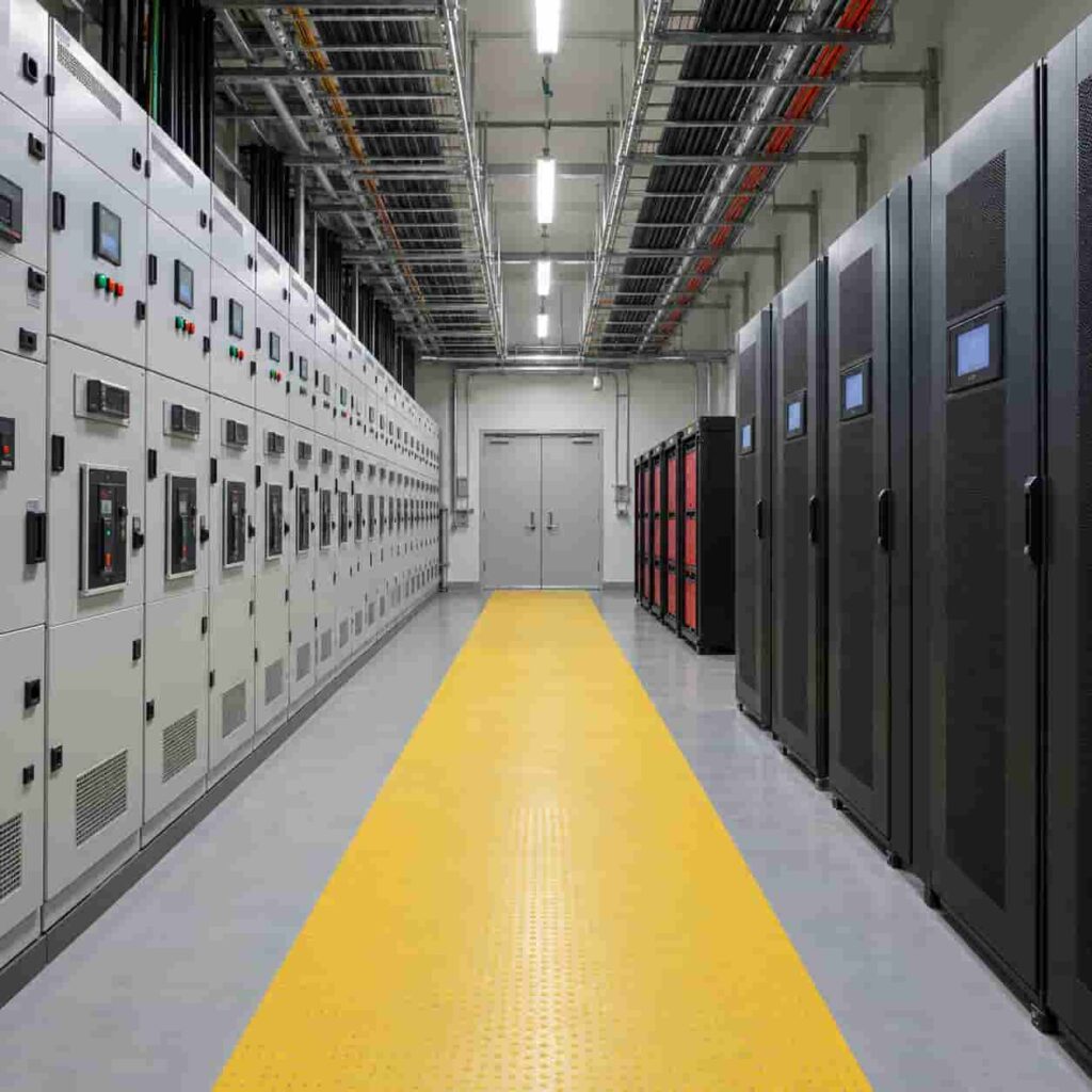Backup power room in a commercial building with UPS cabinets and switchgear line-up