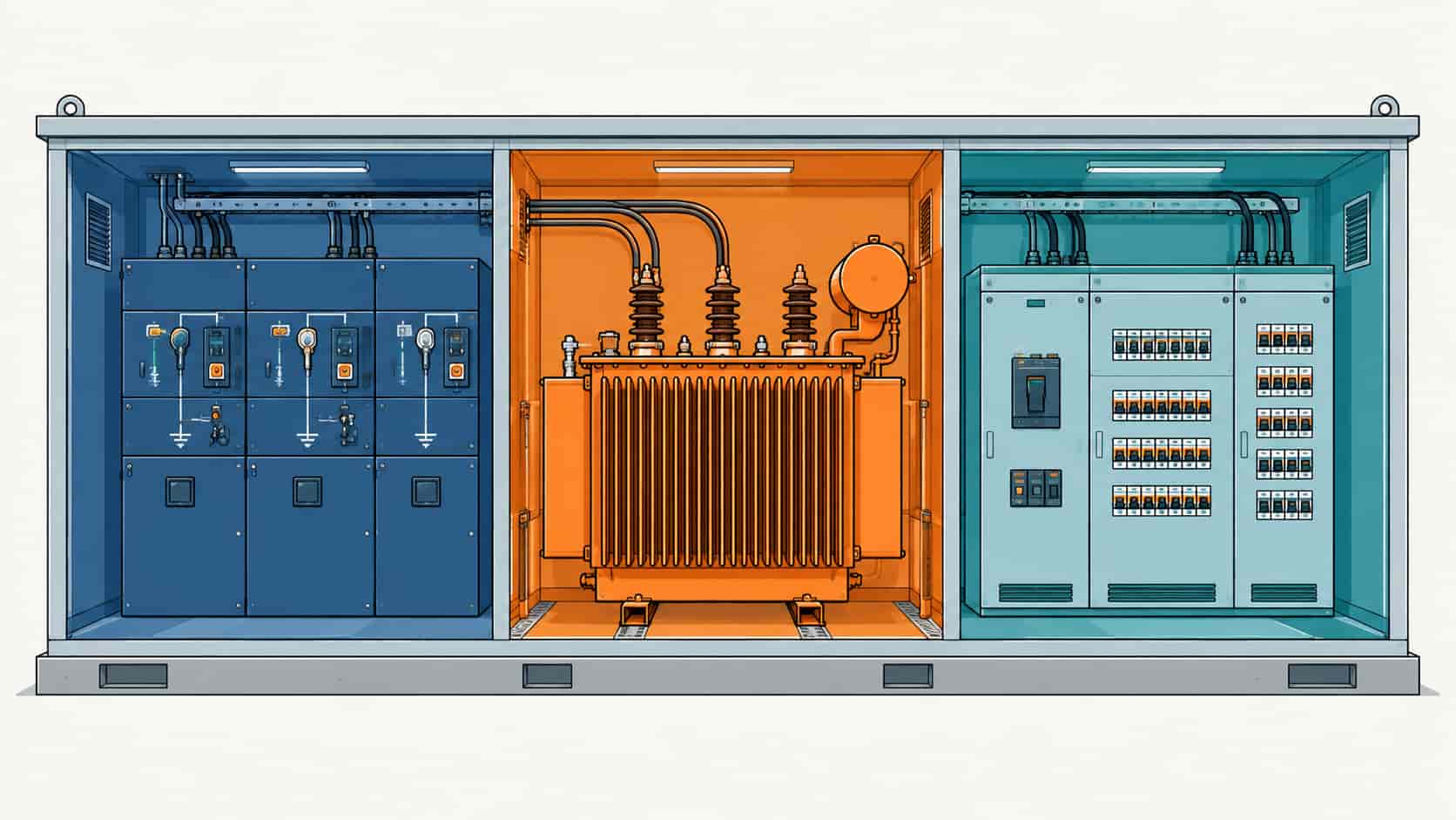 Cutaway illustration of a compact substation with ring main unit, transformer and LV switchboard