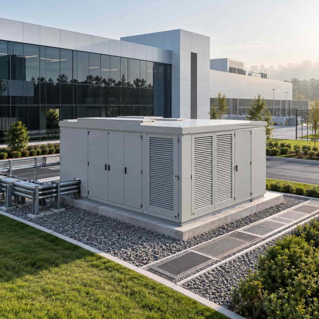 Compact substation unit installed beside a modern data center building