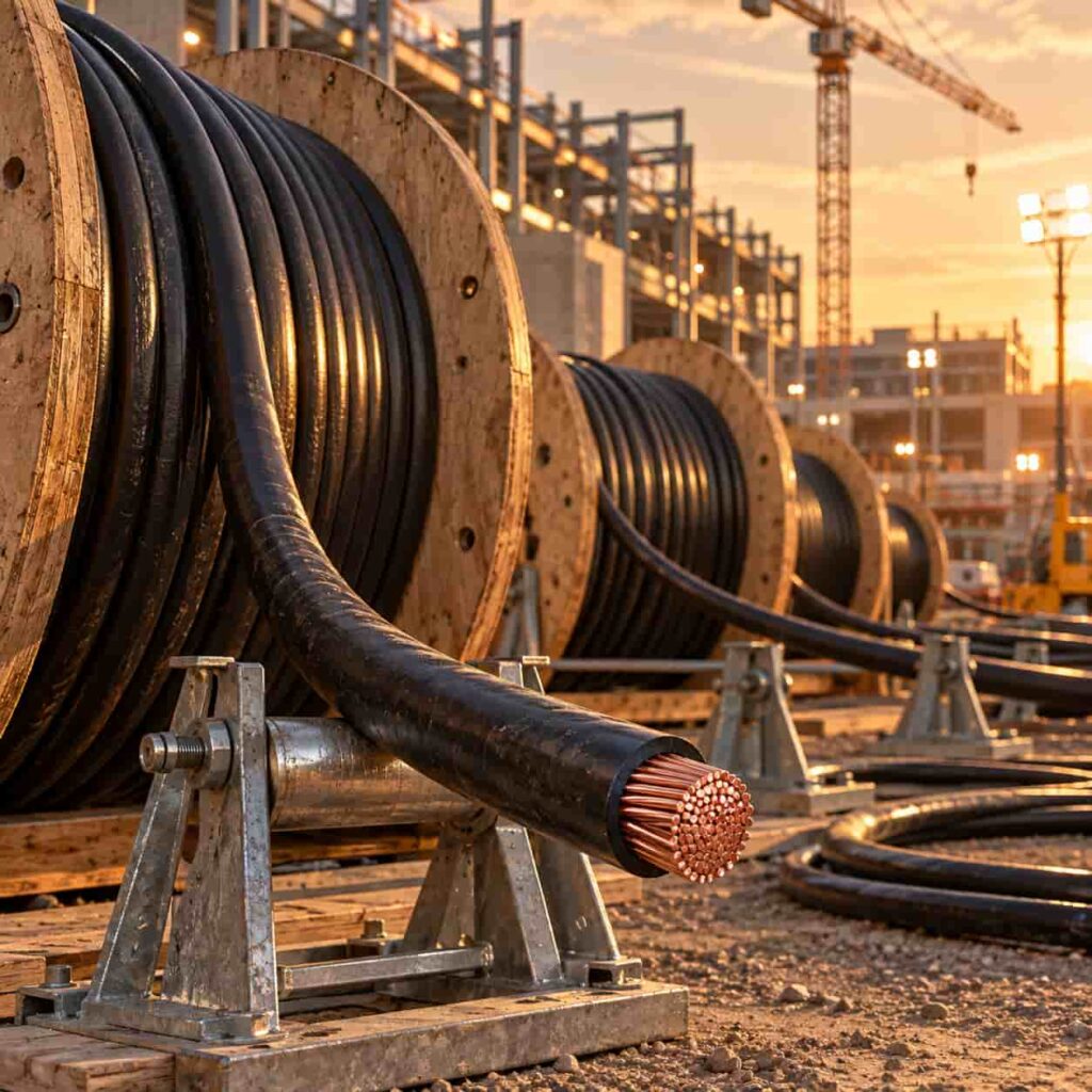 Drums of heavy copper power cable staged at a large data center construction site