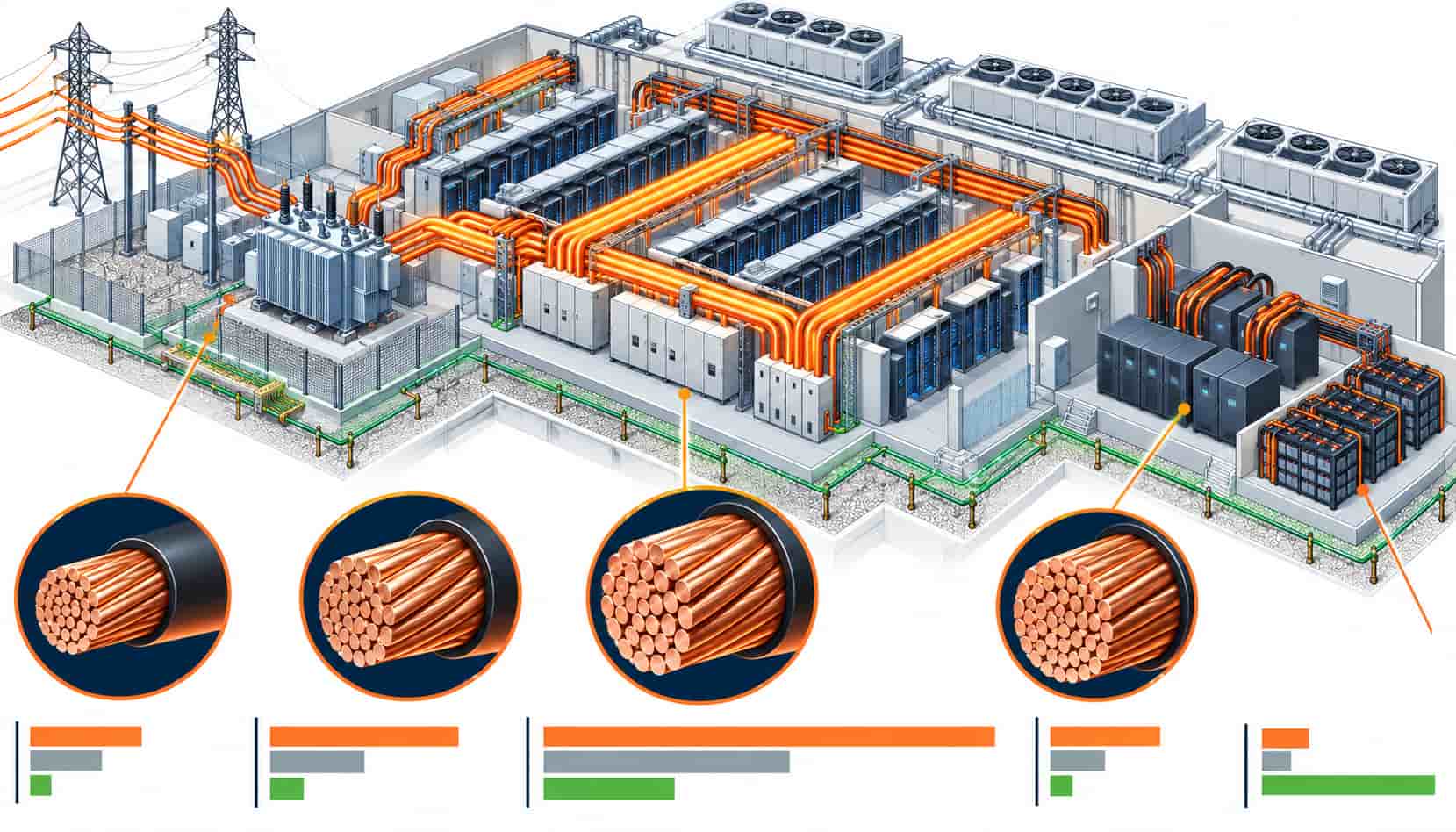 Isometric illustration showing where copper mass concentrates across the power chain of a data center