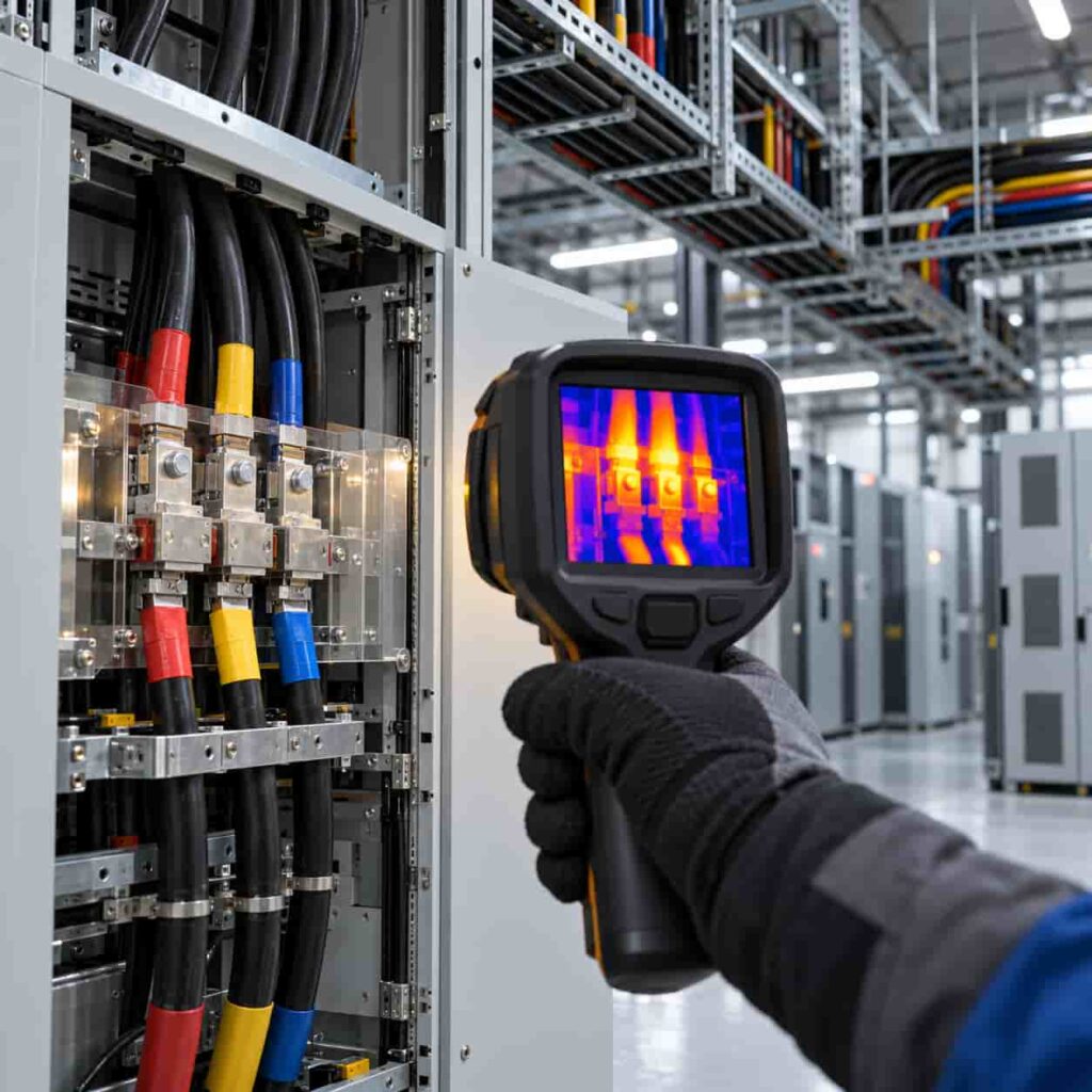 Technician inspecting cable trays with a thermal imaging camera in a data center power room