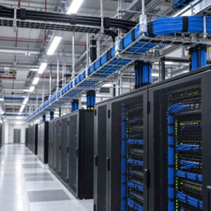 Neatly bundled power and fiber cables running overhead in a modern data center hall