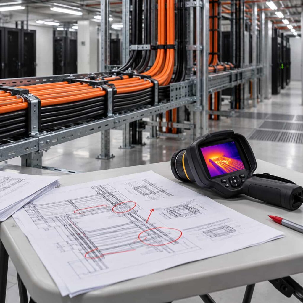 Engineer reviewing a marked-up cable specification sheet beside an open tray of neatly dressed power feeders in a data hall